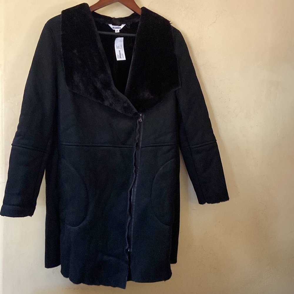 Sz M BB Dakota Black Knee Length Kelson Coat Fuzzy Warm Lining Zip Front